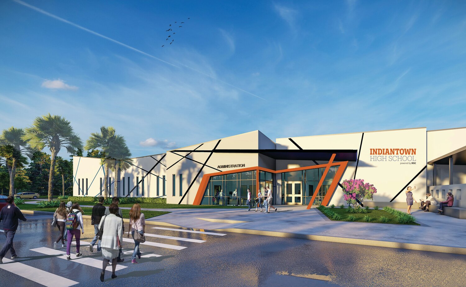 Rendering of Indiantown High School (IHS), Martin County’s newest charter high school. IHS is operated by Indian River State College (IRSC) in partnership with the Martin County School District. The school integrates traditional high school curriculum with workforce and college courses, producing graduates that can directly pursue career opportunities or college upon graduation. Students interested in attending can find the application and information at indiantownhs.irsc.edu. Classes begin on August 9.